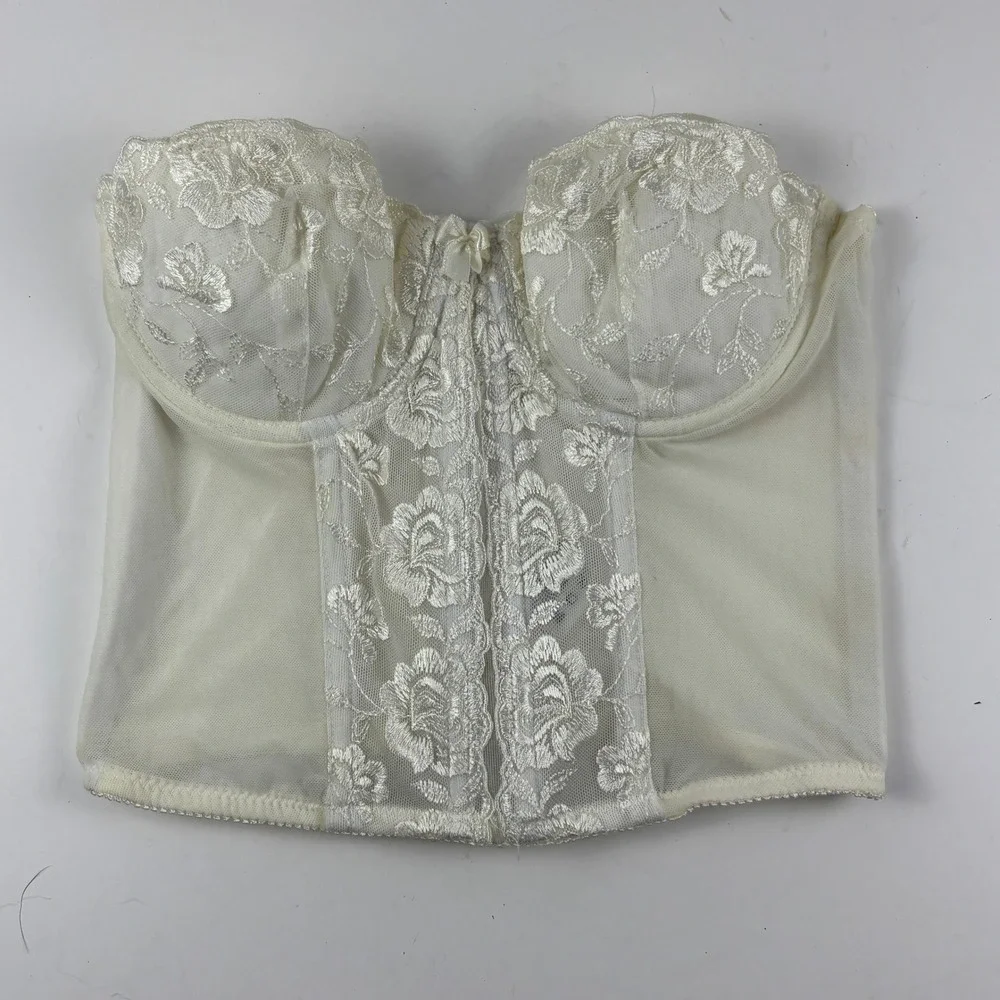 Vtg Secret Treasures Bustier Top Womens 32A Ivory Floral Lace Mesh‎ Corset WMC-1